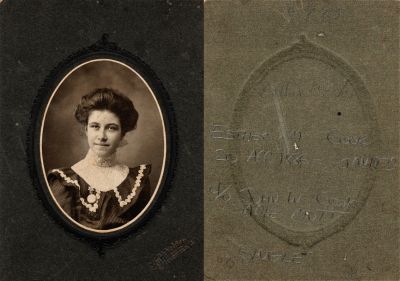 Esther M. Cook

This photo mounted on board states: "Esther M. Cook, 20 April 1886 - January 1973. D/O John W. Cook & Sadie Mott."

NOTE: Research shows that the mother is Sarah Francis "Sadie" Mott.

The Photographers name is "Burkholder", Mansfield, Ohio.
