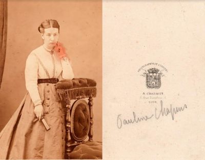 Pauline Chapius or Chapuis

This CdV Photograph States: "Pauline Chapius or Chapuis"

(Both French Surnames & spellings verified)

The Photographers name is "A. Charavet", Lyon, France.
