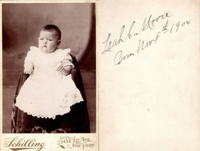 Leah Cornelia Moore

This Cabinet Card Photo was Donated.

This Cabinet Card Photo States: "Leah C. Moore, Born 8 November 1904"

The Photographers name is "Schilling", New York
