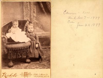 Edwin Karg Hull & Eva M. Hull

This Cabinet Card Photo States: "Edwin Karg, Died 7 November 1888 & Eva, Died 22 January 1889"

The Photographers name is "Nichols", Findlay, Ohio.
