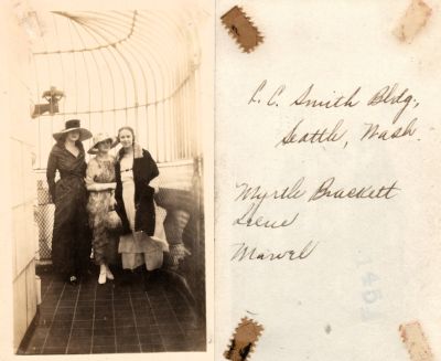 Click to view full size image
==============
Myrtle Brackett, Irene & Marvel?
This photo states: "L. C. Smith Building, Seattle, Washington. Myrtle Brackett, Irene & Marvel?"
Myrtle Brackett, Irene & Marvel?
This photo states: "L. C. Smith Building, Seattle, Washington. Myrtle Brackett, Irene & Marvel?"