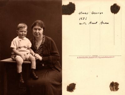 Hans George & Aunt Anna

This Real Photo Postcard States: "Hans George, 1932 with Aunt Anna"

The Photographers name is "A. Eggeling, Hamburg, Germany
