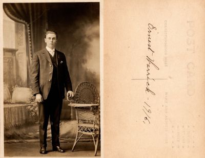 Ernest Warrick

This was Donated by Linda Zinn.

This Real Photo Postcard (RPPC) States: "Ernest Warrick, 1916"

There is no location noted.
