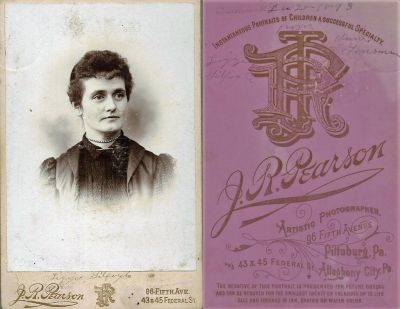 Elizabeth “Lizzie” Gilfoyle

THIS HAS BEEN RETURNED TO FAMILY

This Cabinet Card Photo States: ""Lizzie Gilfoyle, from Annie Lonsman, 28 December, 1893."

The Photographers name is "Pearson", Pittsburg, Pennsylvania.

