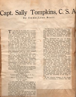 Captain Sally Louisa Tompkins Genealogy Book, Page 1

THIS HAS BEEN DONATED TO THE VIRGINIA MUSEUM OF HISTORY & CULTURE.

Captain Sally Tompkins

This is a article that was pasted in a Genealogy Book written & completed on 22 March 1919 by Mr. O. Fleet.

Page 1
