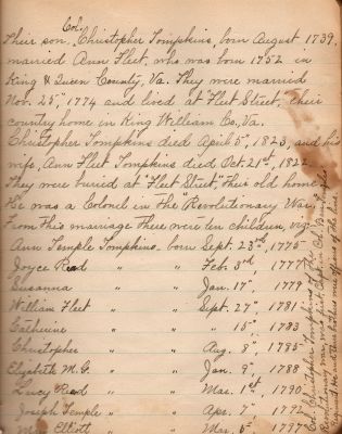Captain Sally Louisa Tompkins Genealogy Book, Page 9

THIS HAS BEEN DONATED TO THE VIRGINIA MUSEUM OF HISTORY & CULTURE.

Tompkins Genealogy Book.

Page 9
