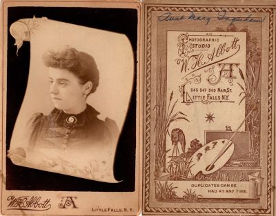 Mary Ingerham

This Cabinet Card Photo States: "Aunt Mary Ingerham"

The Photographers name is "W. H. Abbott", Little Falls, New York.
