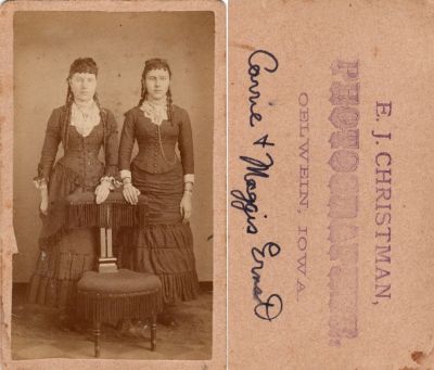 Click to view full size image
==============
Carrie J. & Margaret Elizabeth Ernst
This CdV Photograph States: "Carrie & Meggis or Maggis Ernst"
The Photographers name is "E. J. Christman", Oelwein, Iowa.
Carrie J. & Margaret Elizabeth Ernst
This CdV Photograph States: "Carrie & Meggis or Maggis Ernst"
The Photographers name is "E. J. Christman", Oelwein, Iowa.
