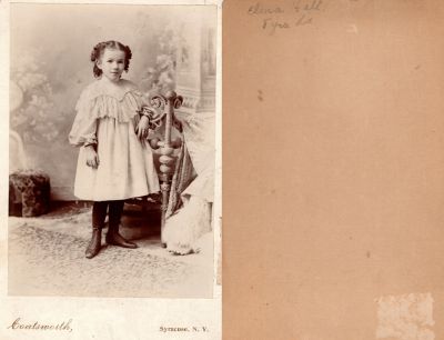 Elma A. Hall

This Cabinet Card Photo States: "Elma Hall, 8 Years Old".

The Photographers name is "Coatsworth", Syracuse, New York

