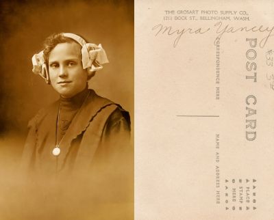 Myra M. Yancey

THIS HAS BEEN RETURNED TO FAMILY

This Real Photo Postcard (RPPC) States: "Myra Yancey".

The Photographers name is "The Grosart Photo Supply Co.", Bellingham, Washington.

