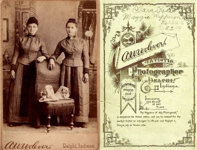 Clarissa “Clara” Cree Rice & Margaret Cree Wipperman

THIS HAS BEEN RETURNED TO FAMILY

This Cabinet Card Photo States: "Clara Rice & Maggie Wipperman"

The Photographers Name was "A. W. Wolever", Delphi, Indiana.

