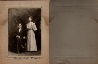 George Henry Reighel & Sarah "Sadie" Johnson Reighel

This was Donated by Diane Senalik.

The front of the photo mounted on board states: "George & Sadie Reighel"

The back of the photo mounted on board states: "26 August 1908, Aunt Anna"

The Photographers name is "Powell Studio", Kankakee, Illinois
