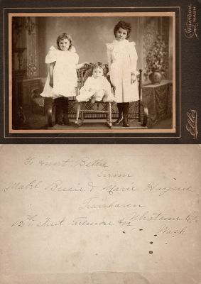 Maybel Bessie Hayne, Alice Marie Haynie & Bessie Haynie

THIS HAS BEEN RETURNED TO FAMILY

This Cabinet Card Photo States: "To Aunt Bettie, From Mabel, Bessie & Marie Haynie, Fairhaven, Whatcom Co., 12th Street, Filmore Ave, Wash."

The Photographers name is "Ellis", Whatcom, Washington.
