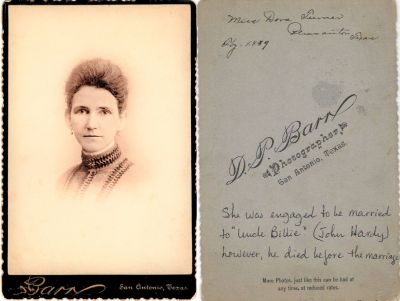 Udorah "Dora" Turner

THIS HAS BEEN RETURNED TO FAMILY

This Cabinet Card Photo States: "Miss Dora Turner"

Taken in Pleasanton Texas, February 1889
