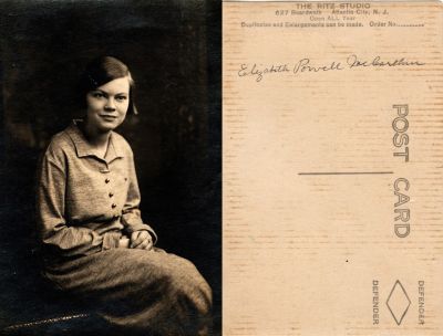 Elizabeth Powell McCarthur

This Real Photo Postcard (RPPC) States: "Elizabeth Powell McCarthur"

The Photographers name is "The Ritz Studio", Atlantic City, New Jersey


