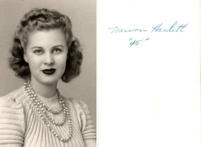 Marian Hayslett

THIS HAS BEEN RETURNED TO FAMILY

This photo states: "Marian Haslett, "45"."

NOTE: Research shows this is Marian Hayslett.
