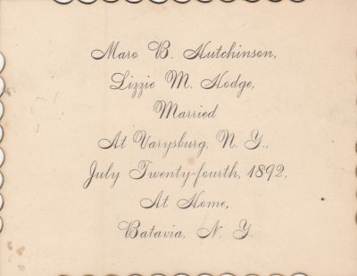 Maro Burdett Hutchinson & Lizzie Maude Hodge

Marriage Announcement for Maro Burdett Hutchinson & Lizzie Maud Hodge. 

They were Married at Varysburg, New York, 24 July 1892.

