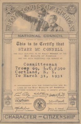 Starr Ephraim McConnell

THIS HAS BEEN RETURNED TO FAMILY

This is a 1931 BSA (Boy Scouts Membership Card) for "Starr McConnell"

