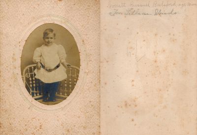 Everett Russell Brelsford

THIS HAS BEEN RETURNED TO FAMILY

This damaged photo mounted on board States: "Everett Russell Brelsford, Age 20 Months. For Lillian Wards"


