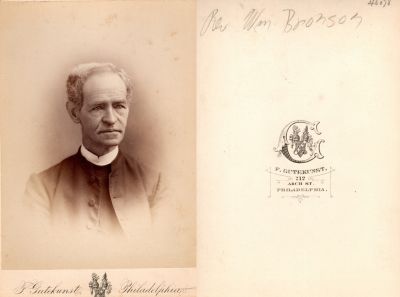 Rev. William White Bronson

THIS HAS BEEN RETURNED TO FAMILY

This Cabinet Card Photo States: "Rev. Wm. Bronson"

The Photographers name is "F. Gutekunst", 712 Arch Street, Philadelphia, Pennsylvania.
