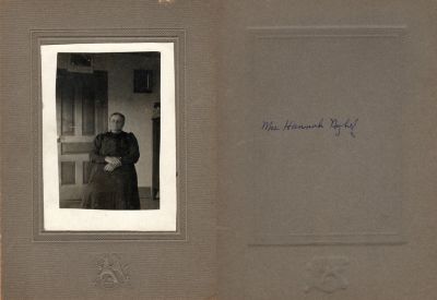Mrs. Hannah Nyhof

This photo mounted on board states: "Mrs. Hannah Nyhof"

There is no location noted.

