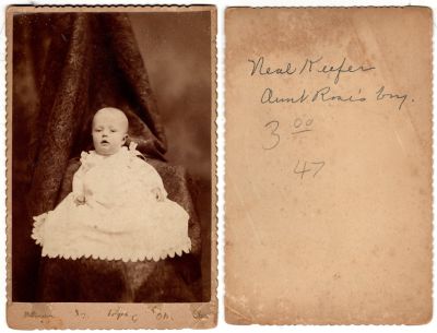Neal Keefer

This Cabinet Card Photo States: "Neal Keefer"

The Photographers name is "Wellington" in Ohio.

NOTE: The Cabinet Card is damaged and cannot read in what city this was taken.
