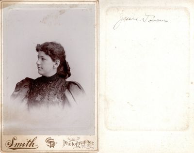 Jessie Towne

This Cabinet Card Photo States: "Jessie Towne"

The Photographers name is "Smith". There is no location noted.

