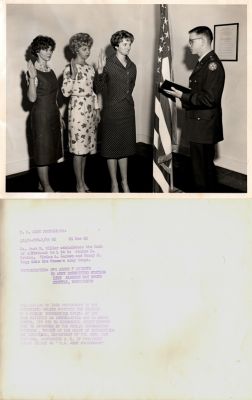 Lt. Jack R. Miller, Janice D. Graham, Vivian A. Lareen & Nancy J. Begg

This was Donated by Mary Muhlfeld.

This Photo States" "Lt. Jack R. Miller administrator of the Oath of enlistment.

Left to Right: Janice D. Graham, Vivian A. Lareen & Nancy J. Begg into the Women's Army Corps"

The Photographers name is "SFC James F. Fizzuto, US Army Recruiting Station, 1519 Alaskan Way South, Seattle, Washington.

NOTE: Mary had a extra copy of this photo and wanted to donate it to see if FTF could return it to one of the other gals family in the photo.
