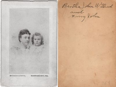 Bertha John Willard & Harry John

This photo mounted on board states: "Bertha John Willard & Harry John"

The Photographers name is "Overbeck & Smith", Cambridge City, Indiana.
