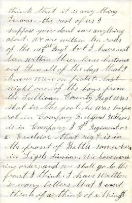 Leroy Wheeler Civil War Letter

THIS HAS BEEN DONATED TO THE NEW YORK STATE MILITARY MUSEUM.

Civil War Letter Home, (Leroy M. Wheeler) Album. Complete transcribed text of letter in album description. The original letter is four pages long, and was donated by Judy Gelfand.
