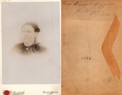 Mrs. Emma J. Higgins

This Cabinet Card Photo States: "Mrs. Emma J. Higgins, Hastings, Nebraska."

The Photographers name is "Leschinsky", Grand Island, Nebraska.
