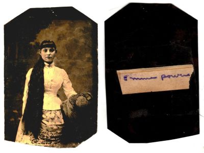 Emma M.Troutman Powers

This was Donated by Cheryl Webber.

This Tintype states: "Emma Powers"
