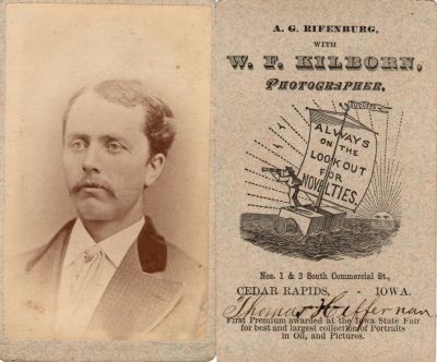 Click to view full size image
==============
Thomas Hiffernan
This was Donated by Cheryl Webber.
This CdV Photograph States: "Thomas Hiffernan"
The Photographers name is "A. G. Rifenburg with W. F. Kilborn Photographer", Cedar Rapids, Iowa.
Thomas Hiffernan
This was Donated by Cheryl Webber.
This CdV Photograph States: "Thomas Hiffernan"
The Photographers name is "A. G. Rifenburg with W. F. Kilborn Photographer", Cedar Rapids, Iowa.