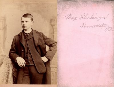 Joseph McAllen "Mac" Flickinger

THIS HAS BEEN DONATED TO THE HISTORICAL SOCIETY OF PATH VALLEY PENNSYLVANIA.

This Cut Cabinet Card Photo States: "Max Flickenger", Fannettsburg, Pennsylvania

NOTE: This Cabinet Card Photo is for Joseph McAllen “Mac” Flickinger. It is unclear if Findagrave is incorrect as they him as Joseph McAllen "Mac" Flickinger OR if he is actually Joseph McAllen "Max" Flickinger as indicated by the back of the cabinet card photo. It could of possibly been labeled incorrectly.
