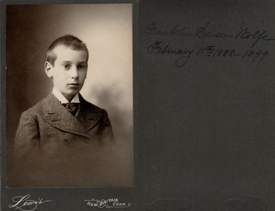 Franklin Edison Wolfe

This Cabinet Card States: "Franklin Edison Wolfe, 11 February, 1888-1899."

The Photographers name is "Lewis", New Britain, Hartford, Connecticut.
