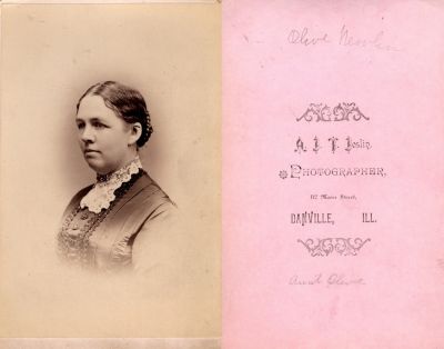 Olive Newlin

THIS HAS BEEN RETURNED TO FAMILY

This Cabinet Card Photo States: "Olive Newlin"

The Photographers name is "A. J. T. Joslin", Danville, Illinois.
