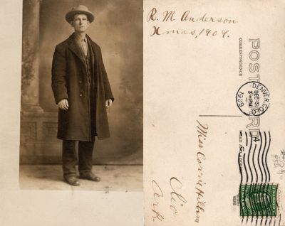 R. M. Anderson
This was Donated by Cheryl Webber.

This Real Photo Postcard (RPPC) States: "R. M. Anderson, 1909."

The Real Photo Postcard (RPPC) is addressed to Miss Carrie Hilburn, Clio, Arkansas.

The Real Photo Postcard is postmarked from Denver, Colorado.

NOTE: The Clio Lumber Company, which was begun in 1889, was located five miles north of Rison on the Cotton Belt at a small community named Clio. It was a subsidiary of the Bluff City Lumber Company of Pine Bluff. The Clio Mill was an exemplary milling operation that was given extensive coverage in 1909 in the American Lumberman Magazine, a prestigious industry publication. At that time the mill owned several thousand acres of timberland which amounted to several million board feet of lumber. In1909 the mill had 640 employees including 432 men
