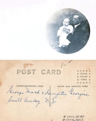 George H. Mack & Georgine Mack

THIS HAS BEEN RETURNED TO FAMILY

This was Donated by Cheryl Webber.

This Real Photo Postcard (RPPC) States: "George Mack & Daughter, Georgie. South Amboy, New Jersey."
