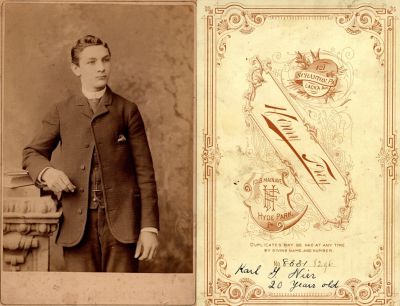 Karl G. Nier

This Cabinet Card Photo States" Karl G. Nier, Taken at 20 Years old"

The Photographers name is "Frey", Either in Scranton Pennsylvania OR Hyde Park, Pennsylvania.

NOTE: (This Photographer is at two locations)
