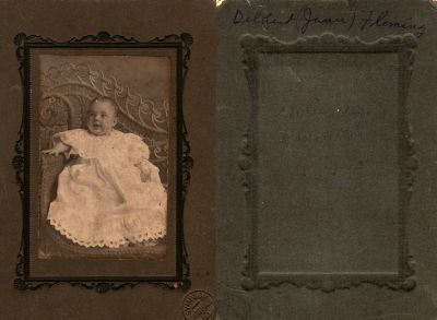 Click to view full size image
==============
Delbert Jamie Fleming
This photo mounted on board states: "Delbert Jamie Fleming"
The Photographers name is "Simpson", Carthage, Illinois.
NOTE: There is other writing but cannot decipher it.
Delbert Jamie Fleming
This photo mounted on board states: "Delbert Jamie Fleming"
The Photographers name is "Simpson", Carthage, Illinois.
NOTE: There is other writing but cannot decipher it.