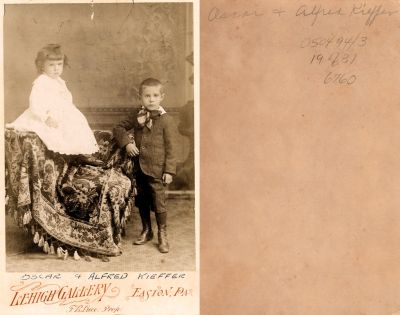 Oscar & Alfred Kieffer

This Cabinet Card Photo States: "Oscar & Alfred Kieffer"

The Photographers name is "Lehigh Gallery", Easton, Pennsylvania

