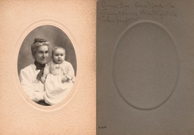 Carrie Eva Merrill Brawn & Freda Marion Brawn

THIS HAS BEEN RETURNED TO FAMILY

This was Donated by Jody Hansen

This photo mounted on board states: "Carrie Eva Born 1 March 1861 & Frieda Marion born 3 May 1906. Taken 24 January 1907"

The photo mounted on board was taken in Foxcroft, Maine
