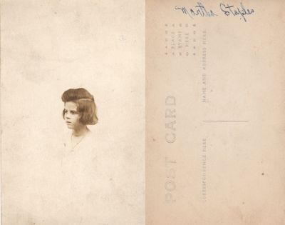 Click to view full size image
==============
Martha Staples
This Real Photo Postcard (RPPC) was Donated by Jessica Quiroz.
This Real Photo Postcard (RPPC) States: "Martha Staples"
There is No Location Noted.
Martha Staples
This Real Photo Postcard (RPPC) was Donated by Jessica Quiroz.
This Real Photo Postcard (RPPC) States: "Martha Staples"
There is No Location Noted.