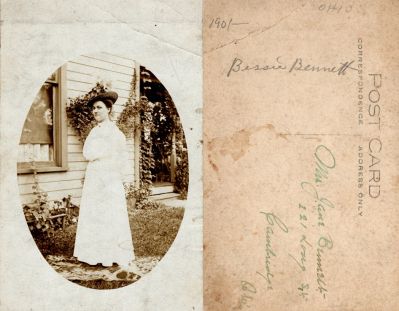 Bertha Ellen “Bessie” Gephart Bennett

THIS HAS BEEN RETURNED TO FAMILY

This Real Photo Postcard (RPPC) States: "Bessie Bennett. Ohio, 1901. It is addressed to Mrs. Jane Bennett, 221 Long Street, Cambridge, Ohio.

NOTE: Census Records show her in-laws at the address in Cambridge, OH that the post card was addressed to.
