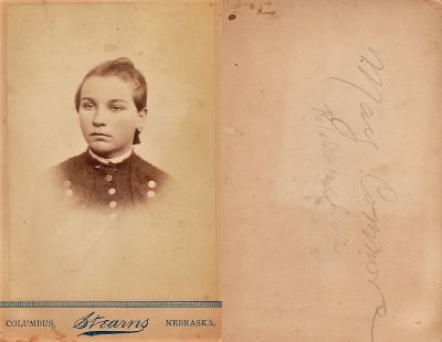 May Connor

This was Donated by Jessica Quiroz.

This Cabinet Card Photo States: "May Connor, related to Childer?"

The Photographers name is "Stearns", Columbus, Nebraska
