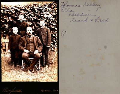 Thomas Jefferson Kelley, Ella B. Youngs Kelley, Franklin Oscar Kelley & Frederick P. Kelley

This Cabinet Card Photo States: "Thomas & Ella Kelley, children, Frank & Fred"

The Photographers name is "Brigham, Plainwell, Michigan
