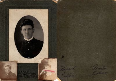 Click to view full size image
==============
Howard Eaton & Pearl Eaton
This Cabinet Card Photo States: "Howard Eaton (Lower left) & Pearl Eaton (Lower Right). The soldier is unidentified.
The Photographers name is "J. D. Givens" San Francisco, California
Howard Eaton & Pearl Eaton
This Cabinet Card Photo States: "Howard Eaton (Lower left) & Pearl Eaton (Lower Right). The soldier is unidentified.
The Photographers name is "J. D. Givens" San Francisco, California
