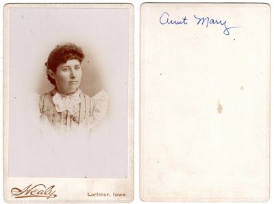 Aunt Mary

This Cabinet Card Photo States: "Aunt Mary"

The Photographers name is "Healy", Lorimar, Iowa
