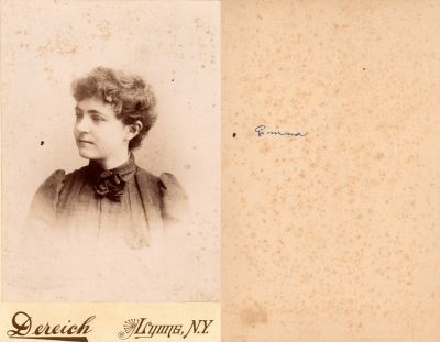 Emma

This Cabinet Card Photo States: "Emma"

The Photographers name is "Dereich", Lyons, New York.
