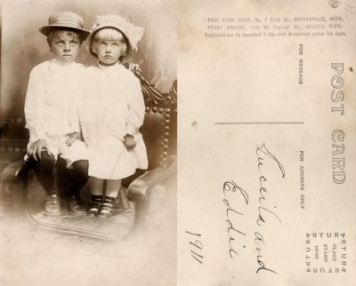 Luceila & Eddie, 1911

This was Donated by Maggie Spiry Jones.

This Real Photo Postcard (RPPC) States: "Luceila & Eddie, 1911"

The Photographers names are Post Card Shop, No 7 Sixth Street, Minneapolis, Minnesota OR Penny Arcade, 110 W. Superior Str., Minneapolis, Minnesota.

